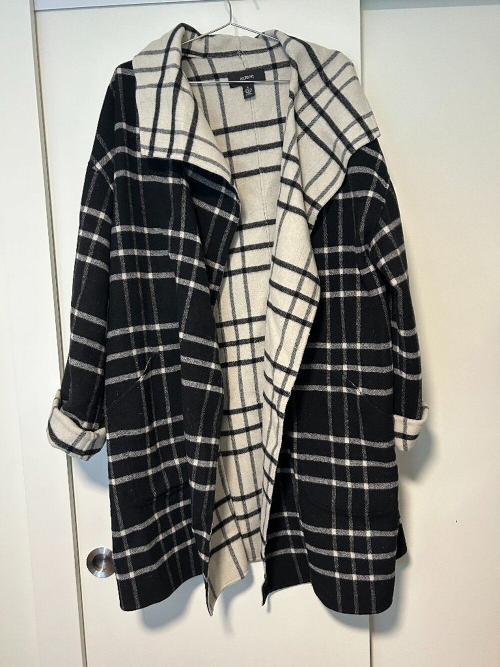 Alfani Colorblock Plaid Open Front Coat, Black and Cream, Size XL